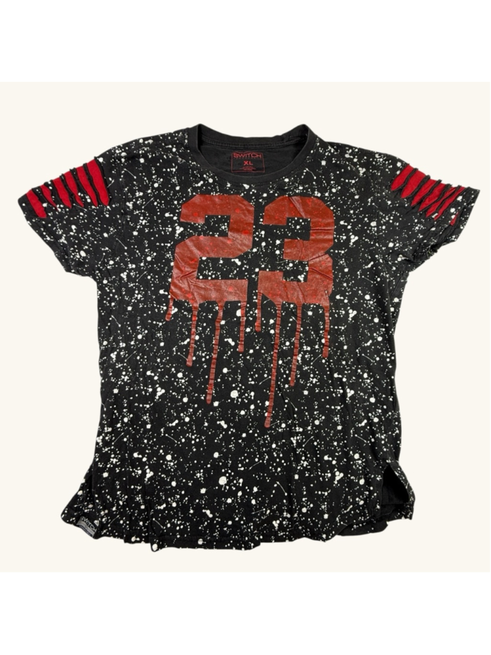 Distressed Streetwear Graphic Tee Red 23 Drip Paint Splatter Shirt XL